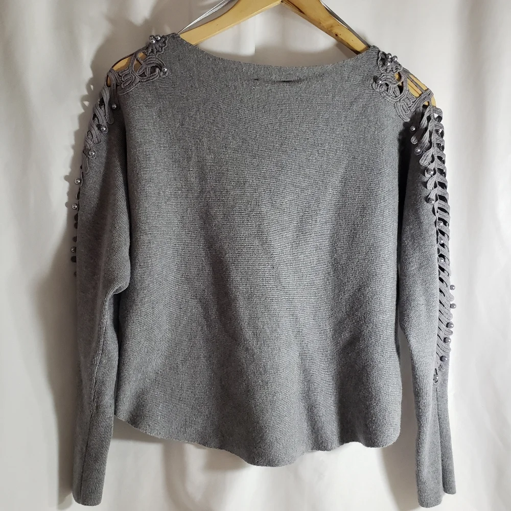 Anthro Ember Gray Sweater with Embroidered Cut Outs & Pearls Sleeve - Picture 10 of 12